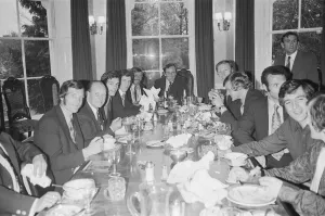 Don Revie heads the table as the Leeds United team have a celebratorial meal at their Don Revie heads the table as the Leeds United team have a celebratorial meal at their