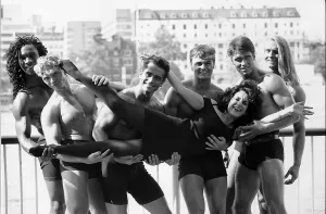 The Dreamboys who are strippers pose with Lesley Joseph Actress to promote Telethon 92 The Dreamboys who are strippers pose with Lesley Joseph Actress to promote Telethon 92