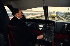The driver of the Intercity 225 electric train inside his cab on 10th June 1991 The driver of the Intercity 225 electric train inside his cab on 10th June 1991
