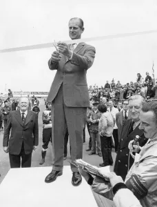 The Duke of Edinburgh. Prince Philip opens a Motor racing event. April 1975 The Duke of Edinburgh. Prince Philip opens a Motor racing event. April 1975