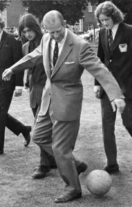 Duke of Edinburgh, Prince Philip plays football during a visit to Bellingham Sports Duke of Edinburgh, Prince Philip plays football during a visit to Bellingham Sports