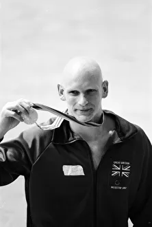 Duncan Goodhew swimmer takes part in medal ceremony after winning gold medal in Men' Duncan Goodhew swimmer takes part in medal ceremony after winning gold medal in Men'