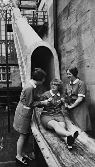 This Dunford Group escape chute is being demonstrated by nurses at Matfen Hall This Dunford Group escape chute is being demonstrated by nurses at Matfen Hall
