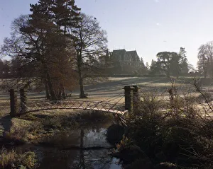 The early morning frost covers the bridge and grounds of Chateau Impney Hotel, Droitwich The early morning frost covers the bridge and grounds of Chateau Impney Hotel, Droitwich