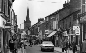 Eccleston Street, Prescot, Knowsley in Merseyside. April 1975 Eccleston Street, Prescot, Knowsley in Merseyside. April 1975