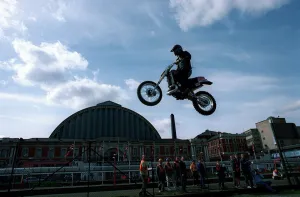 Eddie Kidd Stuntman practices his motorcyling jump skills DBase Eddie Kidd Stuntman practices his motorcyling jump skills DBase