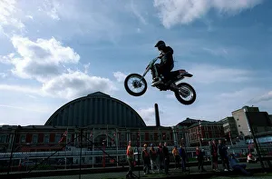 Eddie Kidd Stuntman practices his motorcyling jump skills Eddie Kidd Stuntman practices his motorcyling jump skills