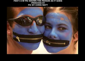 Edinburgh Festival Parade painted blue faces August 1997 With zip fasteners for mouths Edinburgh Festival Parade painted blue faces August 1997 With zip fasteners for mouths