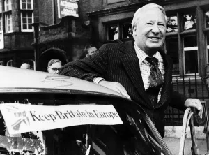 Edward Ted Heath about to get into his car which has a sticker on it saying KEEP BRITAIN Edward Ted Heath about to get into his car which has a sticker on it saying KEEP BRITAIN