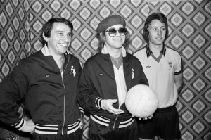 Elton John pictured with Graham Taylor and another player in Wembley during a 5 a side Elton John pictured with Graham Taylor and another player in Wembley during a 5 a side