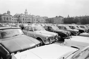 An emergency car park set up in Horse Guards Parade, Central London to accommodate An emergency car park set up in Horse Guards Parade, Central London to accommodate