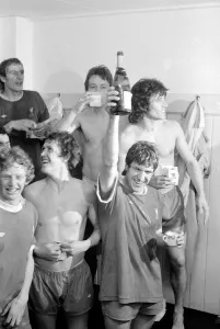Emlyn Hughes, Kevin Keegan and other members of the Liverpool team celebrate in Emlyn Hughes, Kevin Keegan and other members of the Liverpool team celebrate in