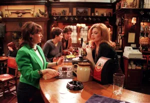 Emmerdale TV programme May 1999 Viv orders drink from barmaid in Woolpack pub Emmerdale TV programme May 1999 Viv orders drink from barmaid in Woolpack pub