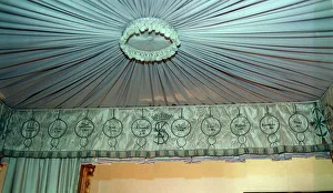Emroidered drapes above the four - Poster bed where the Queen Mother was born in Glamis Emroidered drapes above the four - Poster bed where the Queen Mother was born in Glamis