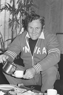 England Football Manager Don Revie seen here having a cup of tea before giving a press England Football Manager Don Revie seen here having a cup of tea before giving a press
