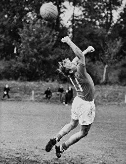 England footballer Bobby Charlton takes a turn in goal during a training session at England footballer Bobby Charlton takes a turn in goal during a training session at