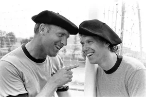 England footballer Tony Woodcock (right) and coach Don Howe in relaxed mood wearing England footballer Tony Woodcock (right) and coach Don Howe in relaxed mood wearing