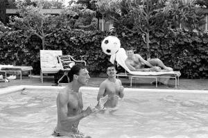 England footballers Alvin Martin (left) and Steve Hodge playing head tennis in England footballers Alvin Martin (left) and Steve Hodge playing head tennis in