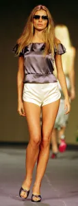 Esther Canadas models a silk top and shorts October 1998 designed by Stella McCartney for Esther Canadas models a silk top and shorts October 1998 designed by Stella McCartney for