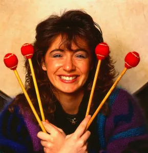 Evelyn Glennie deaf musician May 1990 holding drum sticks Evelyn Glennie deaf musician May 1990 holding drum sticks