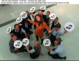 Evelyn Glennie with Royal Mail workers - new high tech sorting centre Edinburgh Evelyn Glennie with Royal Mail workers - new high tech sorting centre Edinburgh