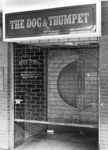Exterior view of the Dog and Trumpet pub in Hertford Street, Coventry. March 1983 Exterior view of the Dog and Trumpet pub in Hertford Street, Coventry. March 1983