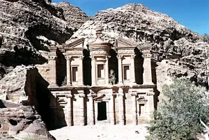 Facade of the Deir or Monastery temple in the ruins of Petra Southern Jordan Palestine Facade of the Deir or Monastery temple in the ruins of Petra Southern Jordan Palestine
