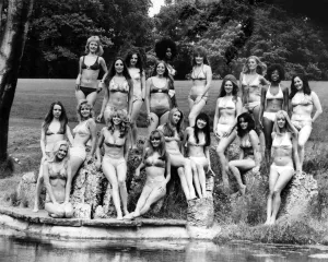 Fashion 1970s. 25th anniversary of the bikini. Group of models show off Fashion 1970s. 25th anniversary of the bikini. Group of models show off