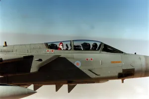 Father Christmas arriving by a Tornado F3 fighter in the Gulf December 1990 Father Christmas arriving by a Tornado F3 fighter in the Gulf December 1990