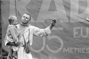 Father and son from the Indian Radha Krishna temple at the start of the Hollywood Music Father and son from the Indian Radha Krishna temple at the start of the Hollywood Music