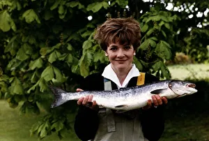 Fiona Armstrong ITN TV Presenter and News reader holding a fish May 1991 Fiona Armstrong ITN TV Presenter and News reader holding a fish May 1991