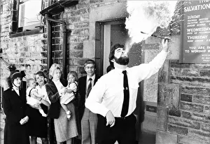 Fire-eater Salvation Army Lt Iain Martin June 1985 demonstrates his talents as a Fire-eater Salvation Army Lt Iain Martin June 1985 demonstrates his talents as a