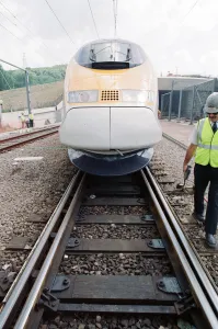 The first Eurostar test train hauled through the Channel Tunnel from France to Britain The first Eurostar test train hauled through the Channel Tunnel from France to Britain