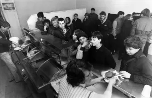 Fish and Chip Shop: Queues of schoolkids waiting to be served at Tony Burman' Fish and Chip Shop: Queues of schoolkids waiting to be served at Tony Burman'
