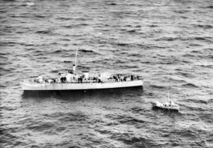 Flying Officer Ghesher and other crew of a destroyed Warwick rescue plane being picked up Flying Officer Ghesher and other crew of a destroyed Warwick rescue plane being picked up