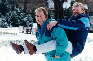 Folk singer Jimmie Macgregor (left) giving a piggy back to cartoonist Malky McCormack Folk singer Jimmie Macgregor (left) giving a piggy back to cartoonist Malky McCormack
