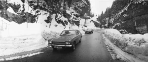 Ford Capri cars on a test drive in the Alpine Passes between Grenoble Ford Capri cars on a test drive in the Alpine Passes between Grenoble