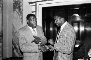 Frank Bruno with Justin Fashanu at the Variety Club's sports lunch at the Dorchester Frank Bruno with Justin Fashanu at the Variety Club's sports lunch at the Dorchester