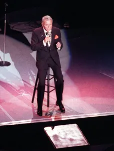 Frank Sinatra in concert sitting on high stool Ibrox July 1990 Glasgow Frank Sinatra in concert sitting on high stool Ibrox July 1990 Glasgow
