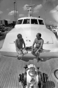 Freddie Laker: Entrepreneur with his motor cruiser in Majorca. July 1981 81-03733a-034 Freddie Laker: Entrepreneur with his motor cruiser in Majorca. July 1981 81-03733a-034
