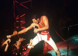 Freddie Mercury from Queen on stage at the Montreux pop festival May 1984 Freddie Mercury from Queen on stage at the Montreux pop festival May 1984