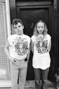 Gary Howe and Jane Hall model Sid Vicious T-shirts bought from the shop owned by the Sex Gary Howe and Jane Hall model Sid Vicious T-shirts bought from the shop owned by the Sex