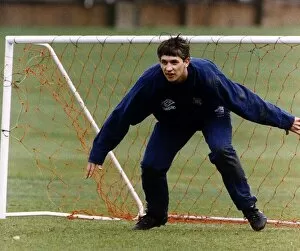 Images Dated 24th April 1992: Gary Lineker Football TV Presenter practicing his goalkeeping skills at Spurs Millhill