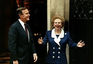 George Bush US President standing outside No10 Downing Street with Margaret George Bush US President standing outside No10 Downing Street with Margaret