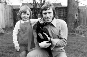 Gerry Pendrey with his 5 year-old daughter Karen Pendrey and lucky black cat " Gerry Pendrey with his 5 year-old daughter Karen Pendrey and lucky black cat "
