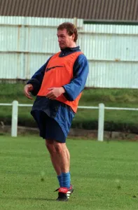 Glasgow Rangers footballer Paul Gascoigne clowning around during a training session Glasgow Rangers footballer Paul Gascoigne clowning around during a training session