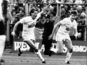 Glenn Hoddle celebrates scoring against Wimbledon in the FA Cup Quarter Final Glenn Hoddle celebrates scoring against Wimbledon in the FA Cup Quarter Final
