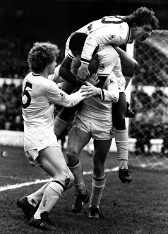 Glenn Hoddle leaps on top of his teamates after Spurs had scored the winner against Glenn Hoddle leaps on top of his teamates after Spurs had scored the winner against