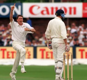 Glenn McGrath Australian bowler at Headingley July 1997 celebartes the wicket of Glenn McGrath Australian bowler at Headingley July 1997 celebartes the wicket of