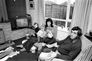 Gloucester prop Mike Burton with wife Pat and children. January 1975 75-00341-001 Gloucester prop Mike Burton with wife Pat and children. January 1975 75-00341-001